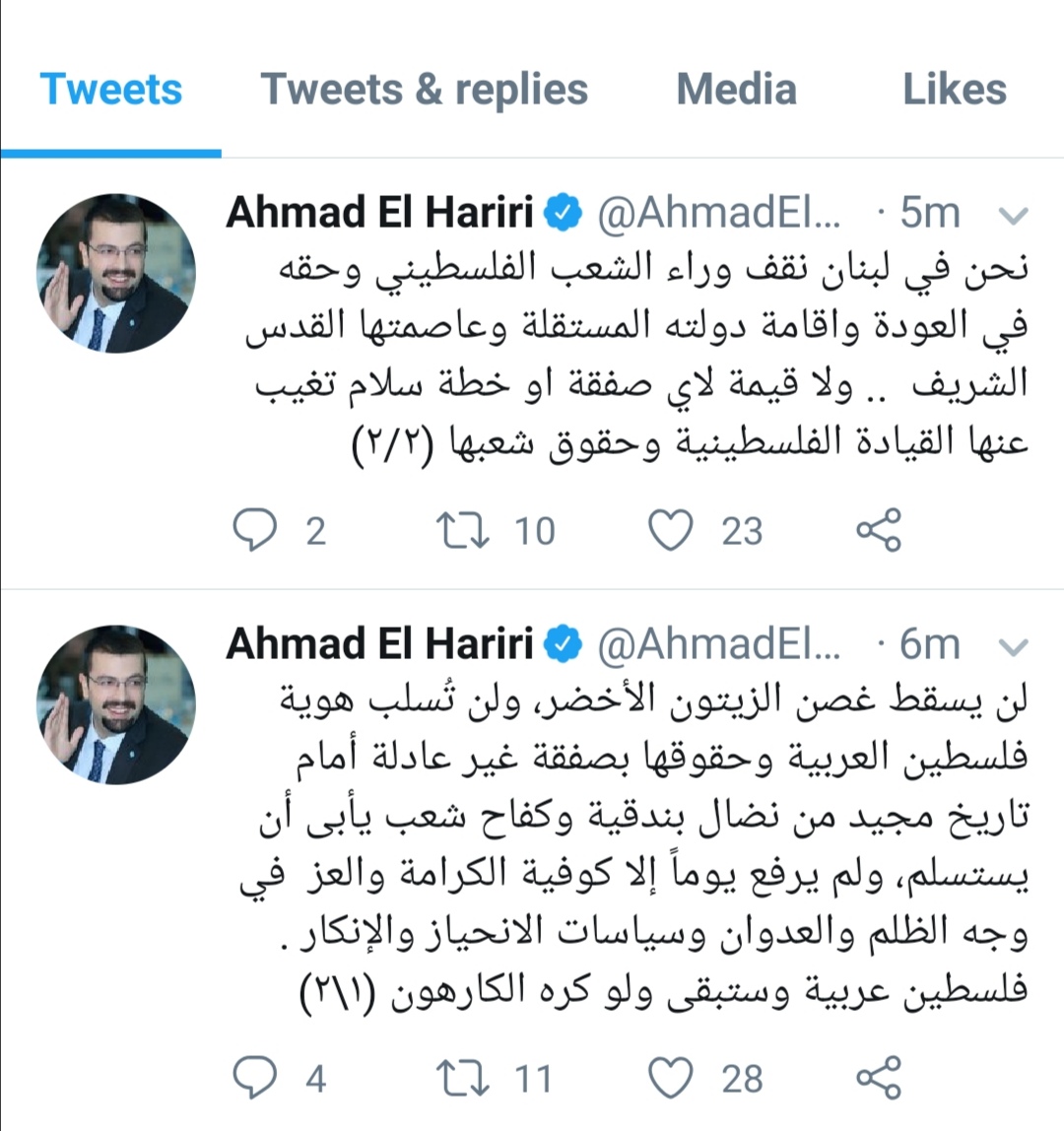 أحمد الحريري: لن تُسلب هوية فلسطين العربية وحقوقها بصفقة غير عادلة