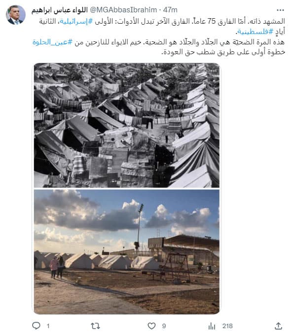 عباس ابراهيم: خيم الإيواء للنازحين من عين الحلوة خطوة أولى على طريق شطب حق العودة