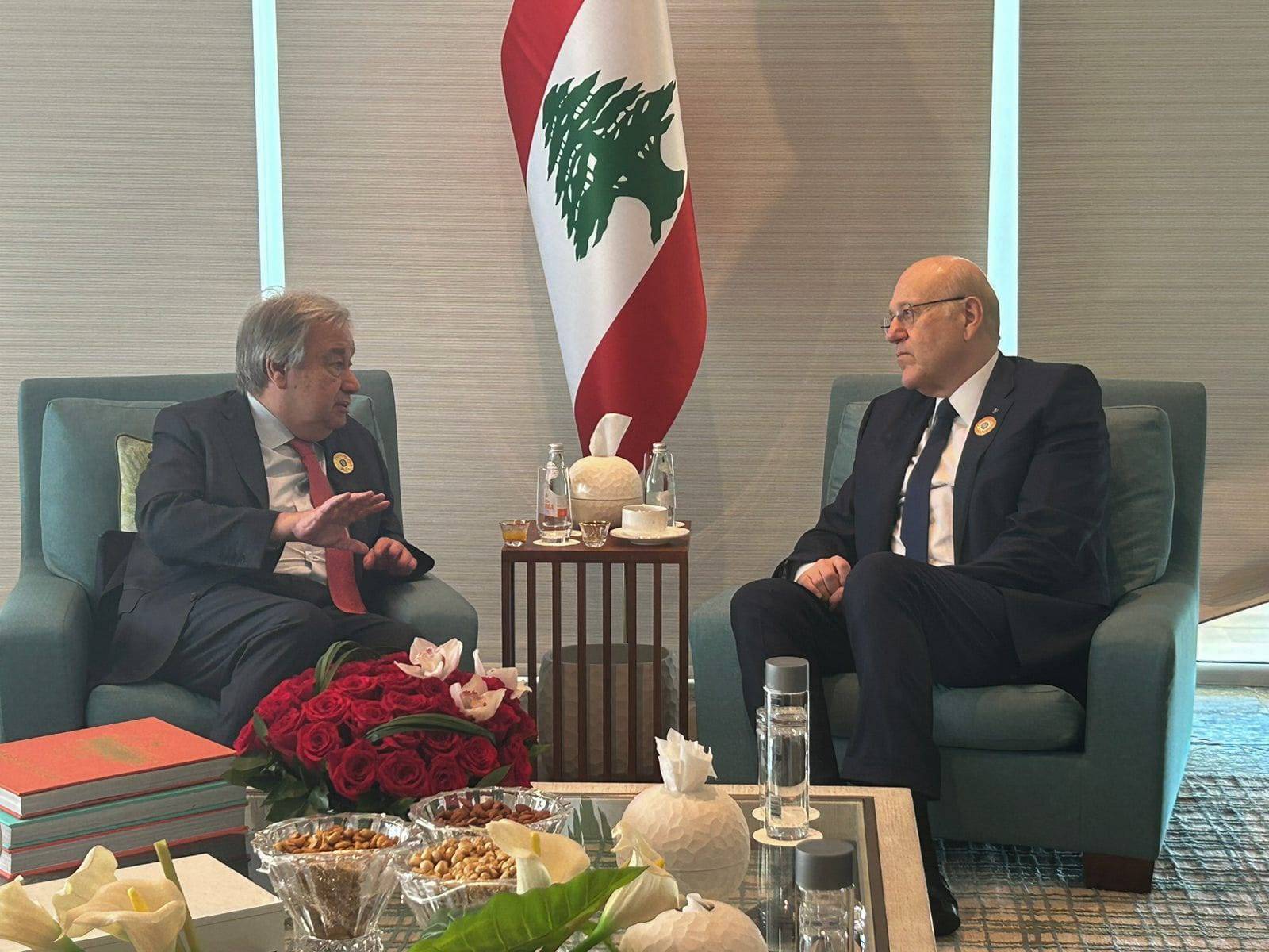 ميقاتي يلتقي غوتيريش: للضغط على اسرائيل لوقف عدوانها &rlm;على جنوب لبنان وغزة
