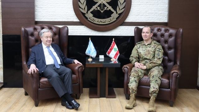 قائد الجيش بحث وغوتيريش في الأوضاع في لبنان وتشديد على تنفيذ القرار 1701 ودعم المؤسسة العسكرية